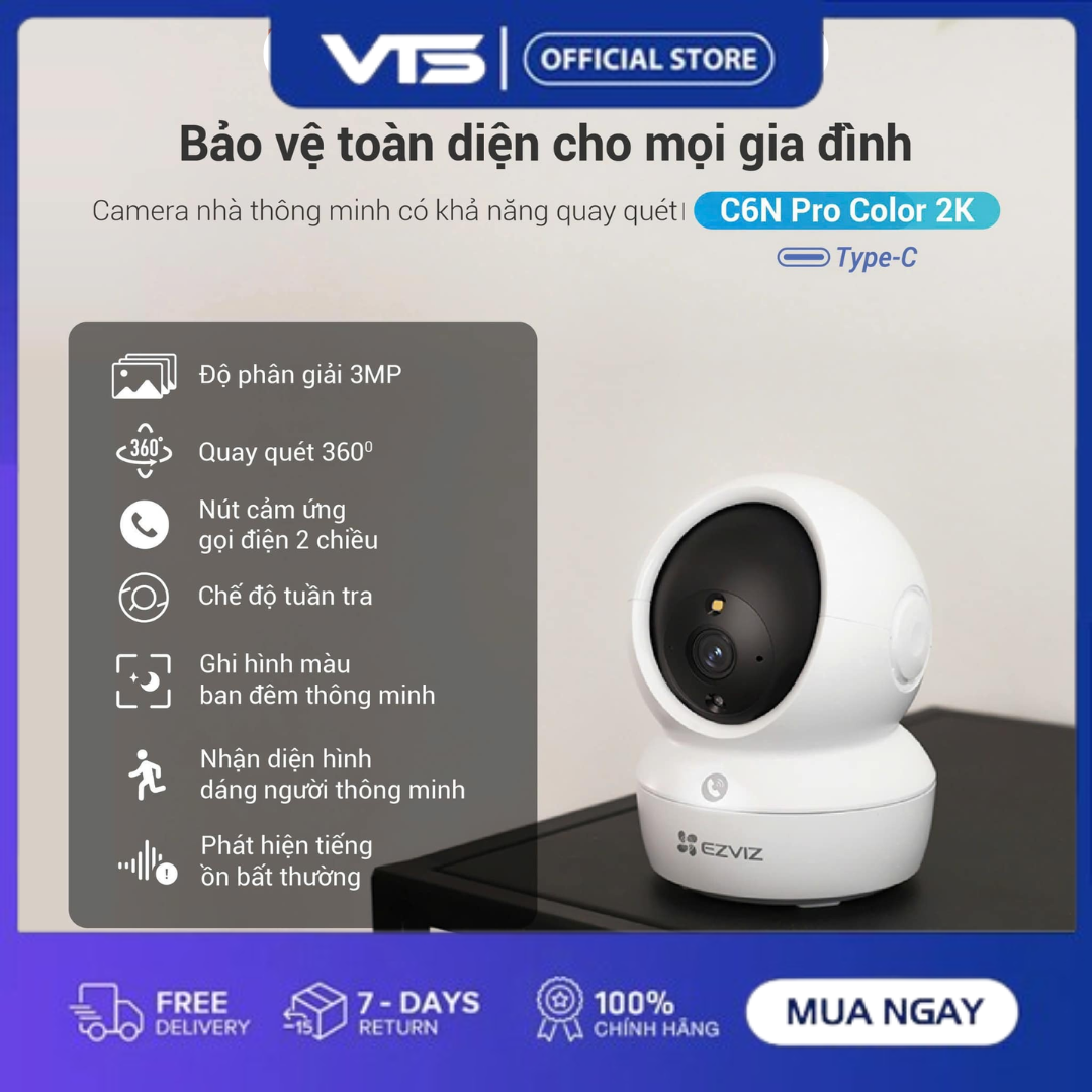 Camera WIFI EZVIZ C6N PRO 3MP, Full HD 2K Chuẩn nén H.265 - CS-C6N 2K 3.0MP Xoay 360 Độ Thông Minh + Đàm Thoại 2 Chiều + Theo Dõi Chuyển Động