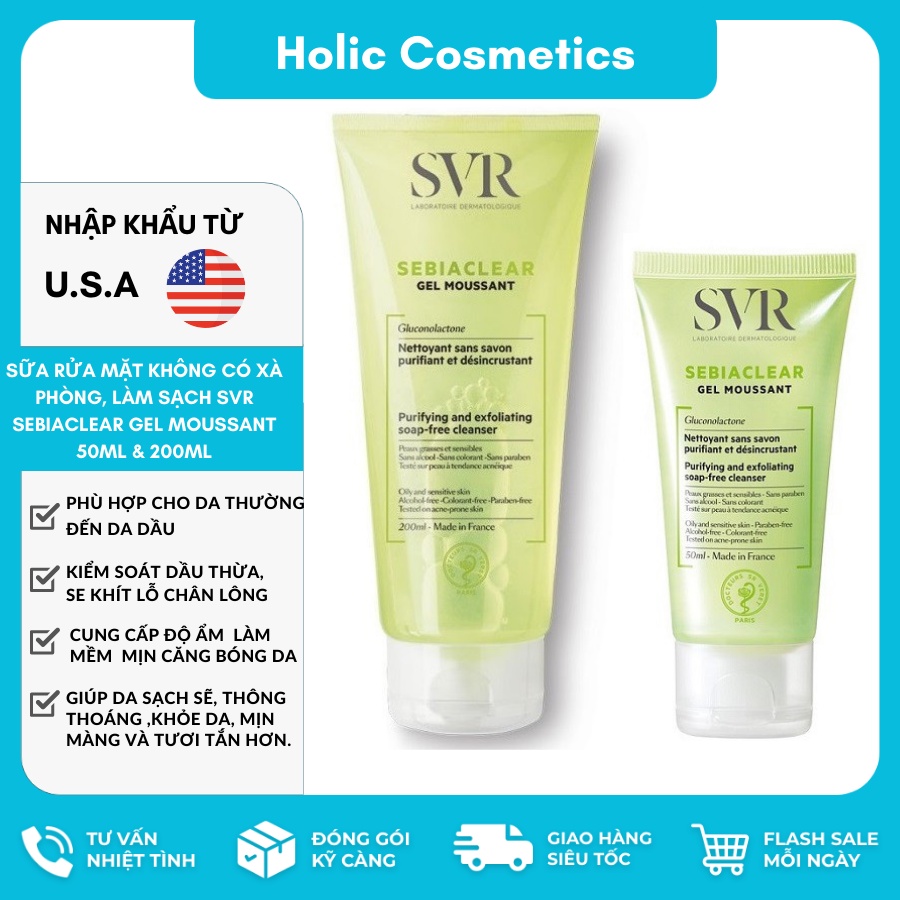Sữa rửa mặt không có xà phòng, làm sạch SVR Sebiaclear Gel Moussant 50ml & 200ml