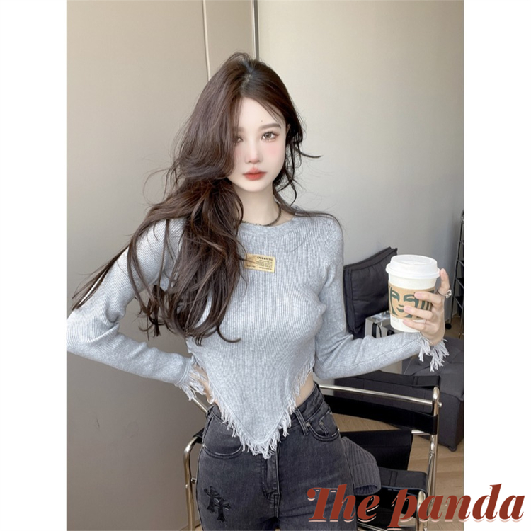 The Panda Round Neck White Sweater Solid Color Tassel Design Casual Top Woman