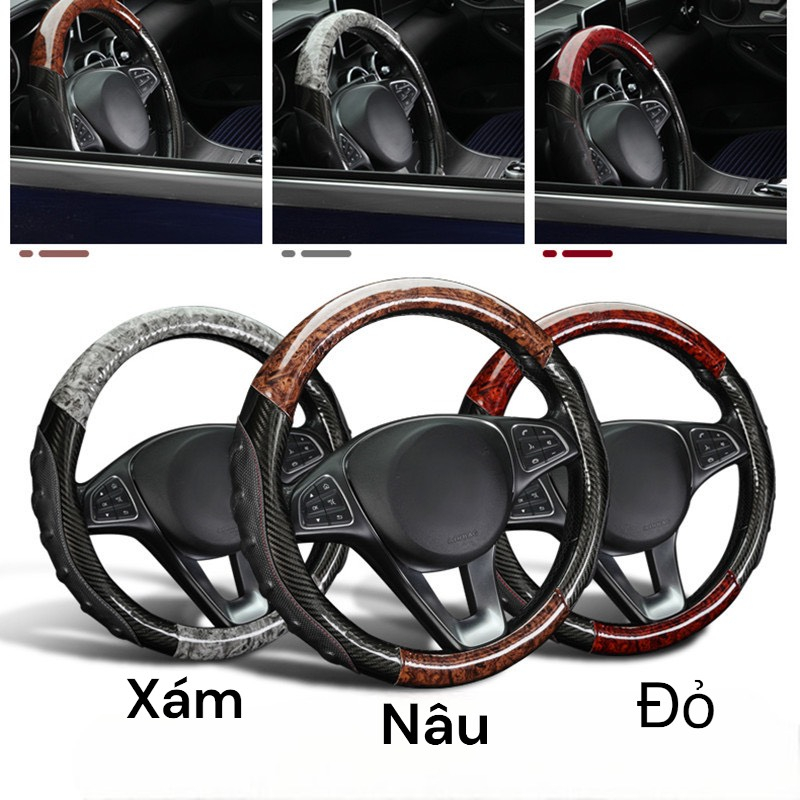 Bọc vô lăng xe tải,xe khách size 40,42,45cm sợi carbon 5D phối vân gỗ da căng bóng nhiều màu cao cấp
