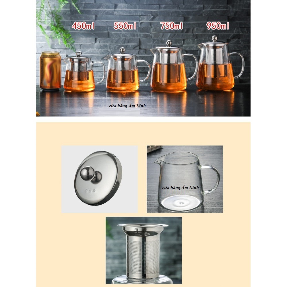 Bình thủy tinh pha trà có lõi lọc inox 304