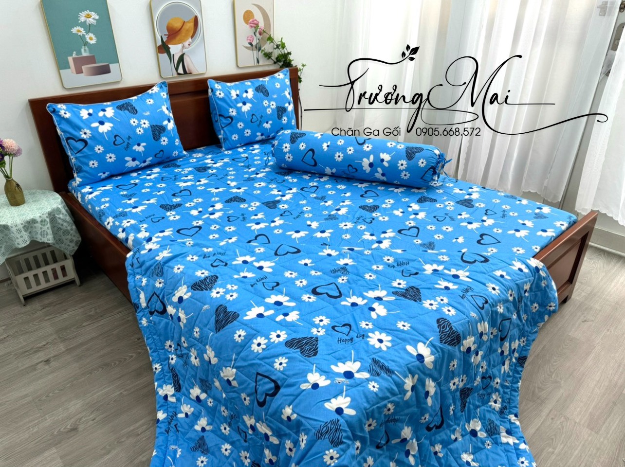 Bộ Chăn Ga và 3 áo gối 100% coton mềm mát thấm hút.