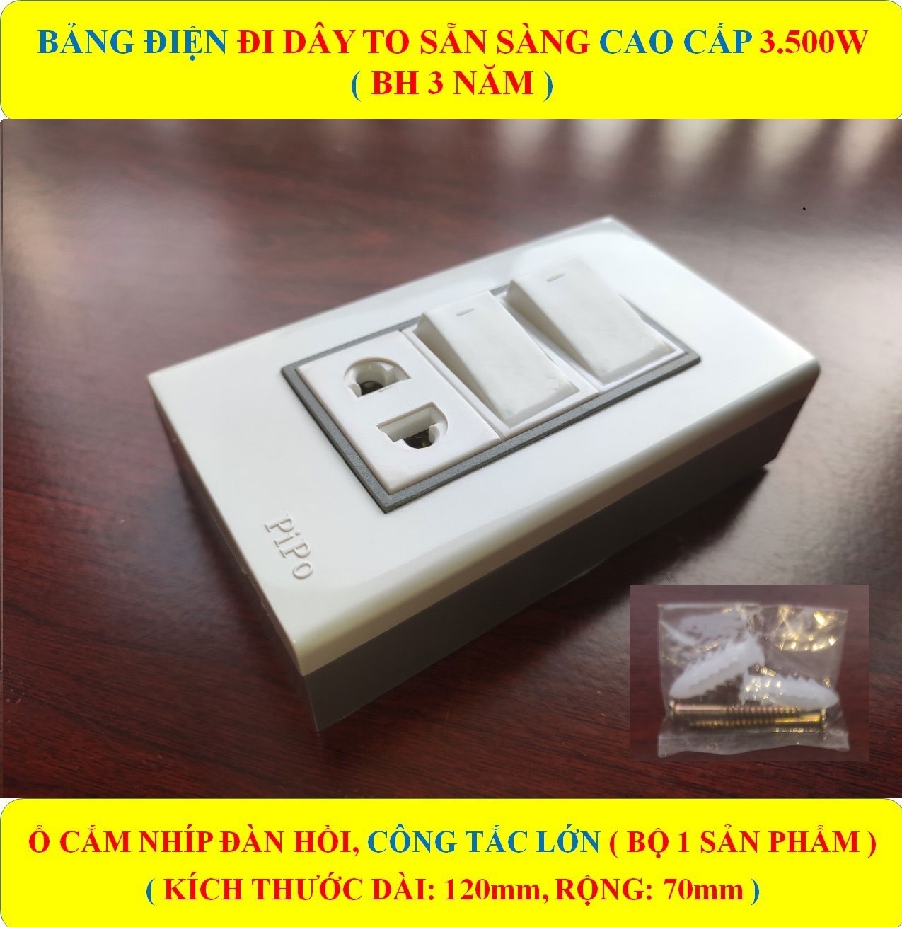 Bảng điện lắp nổi gắn tường CAO CẤP (3500W) + BH 3 NĂM + Ổ cắm nhíp chống giãn đàn hồi cao cấp + Công tắc bật tắt nhẹ nhàng + Đi dây sẵn sàng đầy đủ + Bộ ốc vít lắp đặt (bộ 01 sản phẩm)