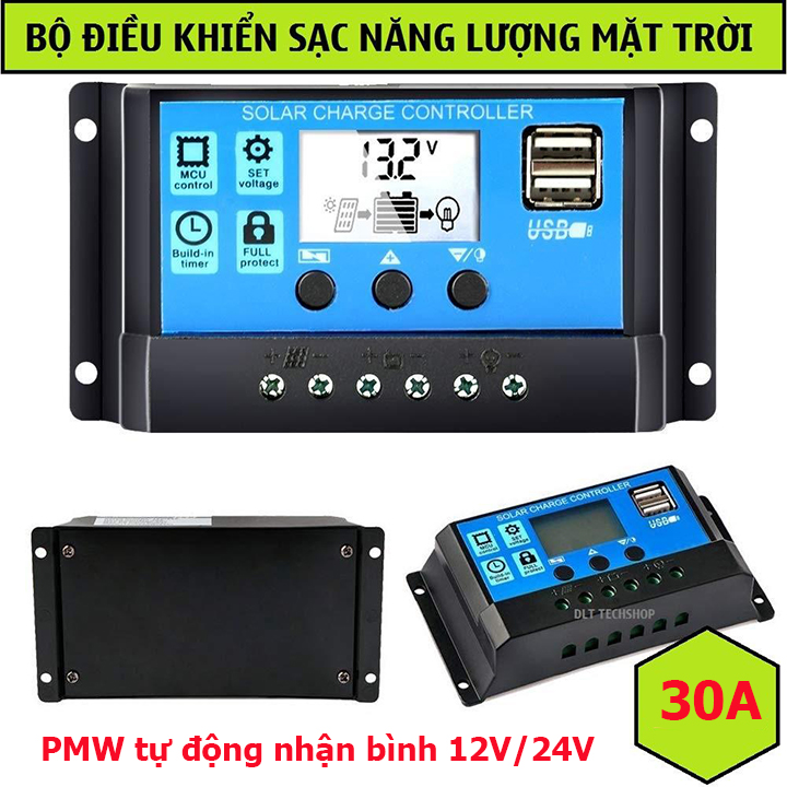Bộ điều khiển sạc pin năng lượng mặt trời PWM 12/24V tự động nhận bình công suất lớn 30A