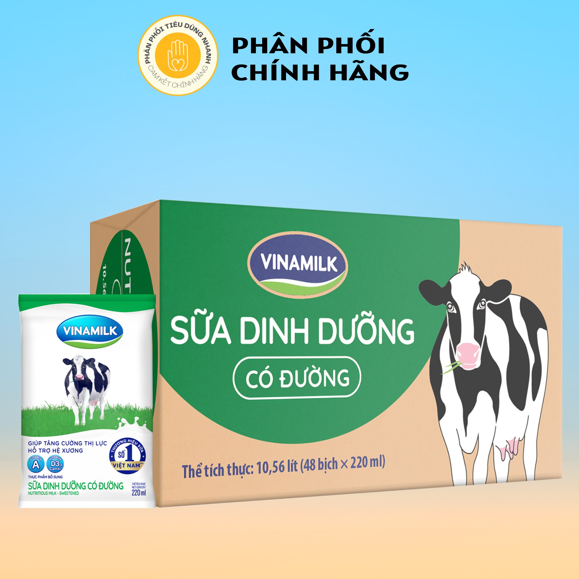 Thùng 48 bịch sữa tươi tiệt trùng- sữa dinh dưỡng vinamilk 220ml - có đường
