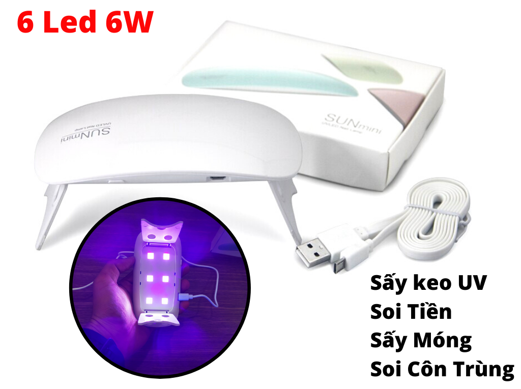 Đèn Pin Uv Sun Mini 6 Bóng 6W Có Chân Đứng, Sấy Keo Uv, Sấy Móng Tay, Sấy Keo Dán Kính