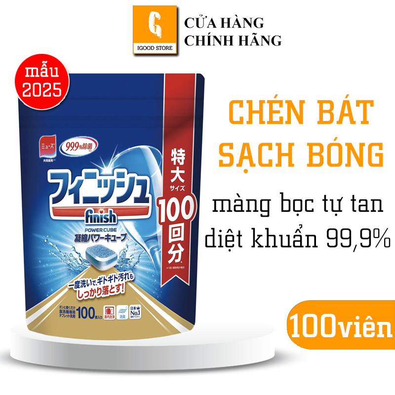 Viên rửa chén bát Finish Power Cube Nhật Bản (túi 100 viên) mẫu mới 2025