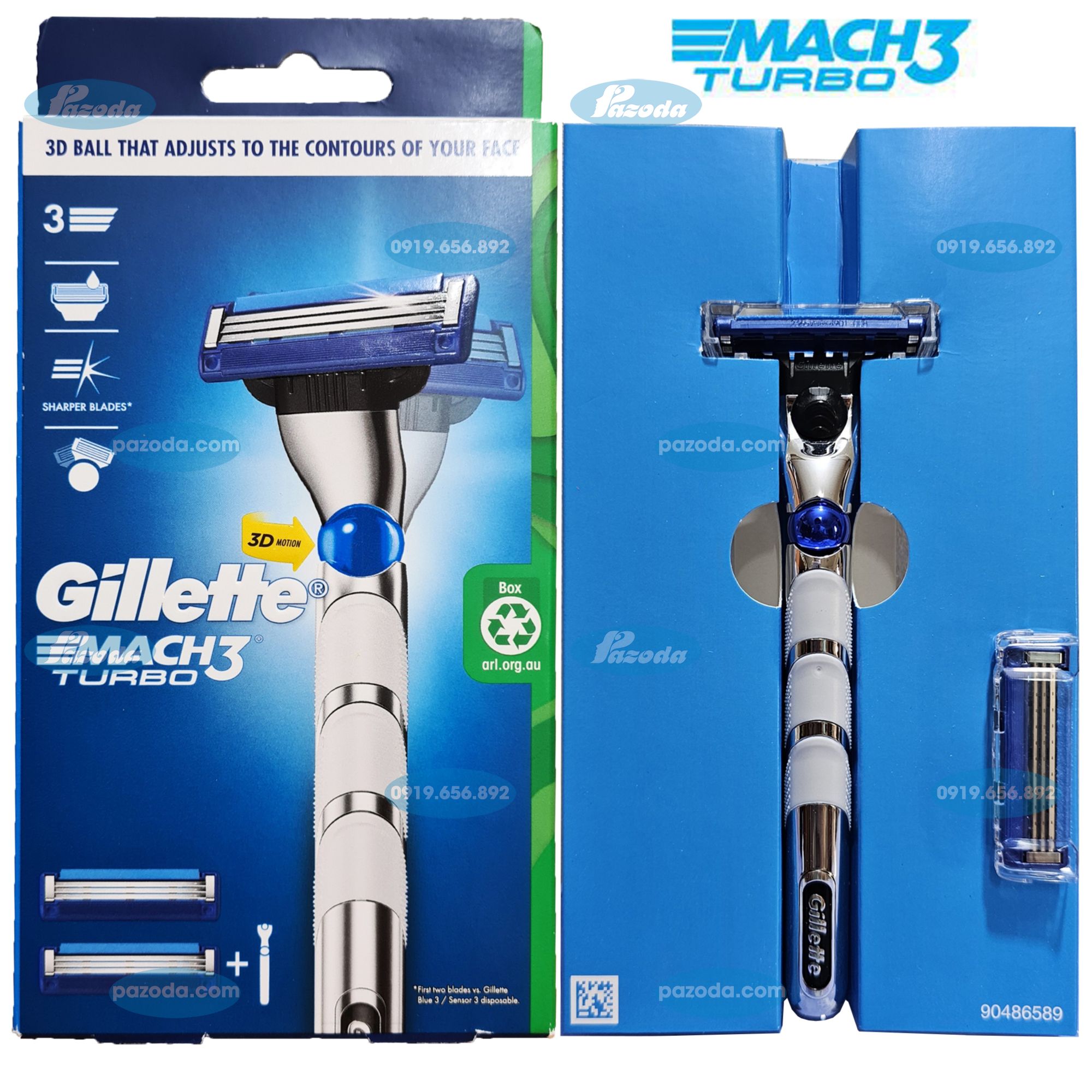 Dao cạo râu 3 lưỡi Gillette Mach3 Turbo 3D (1 tay cầm và 2 đầu cạo)