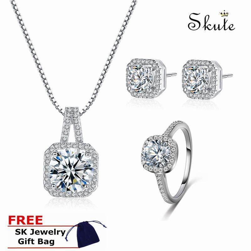 ❤SKute Bộ Trang Sức 4 cái Kim Cương Bộ Trang Sức Vuông Đá Bạc Bông Tai Phong Cách không Phai Nhẫn Cưới Đảng Vòng Cổ Bộ, kèm Túi Đựng Quà