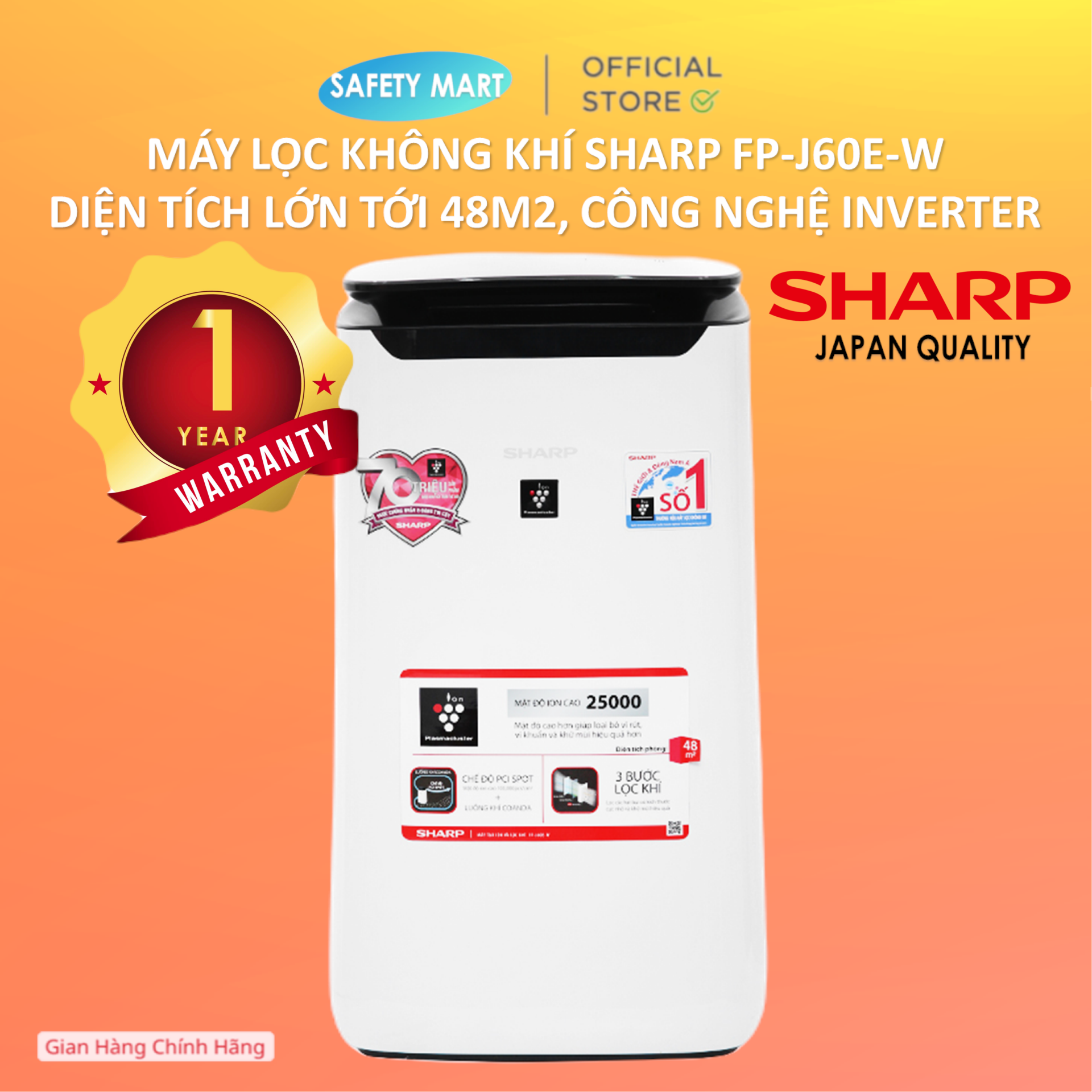Air purifier sharp fp-j60e-w, 48m2, inverter, indicator light quality gas, mode PCI spot large area, 5 level filter-warranty 12 months-genuine goods safety Mart official