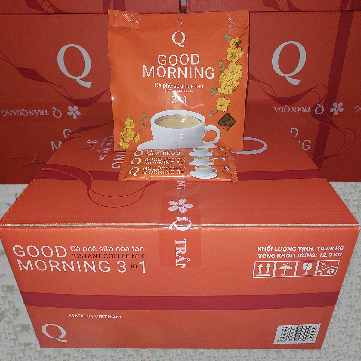 Thùng cà phê sữa Good morning Trần Quang 21 bịch 480g (mỗi bịch 24 gói dài 20g) Mẫu Xuân 2025