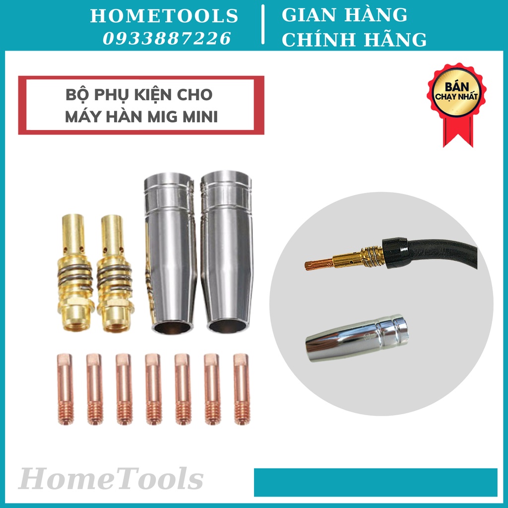 Set phụ kiện hàn MiG gồm 5 bép hàn 2 chụp khí 2 khớp nối súng mig 15AK