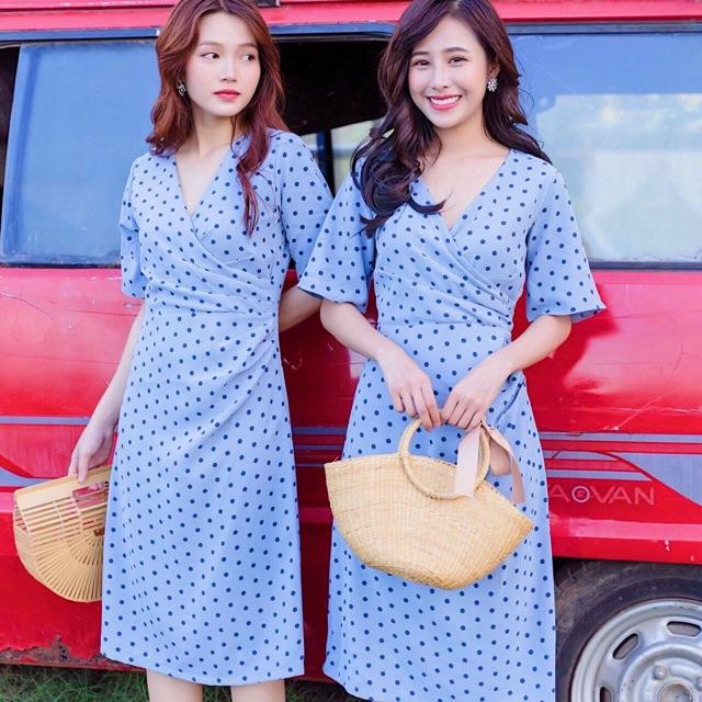 [HCM]Đầm blue bi xanh đen cổ V
