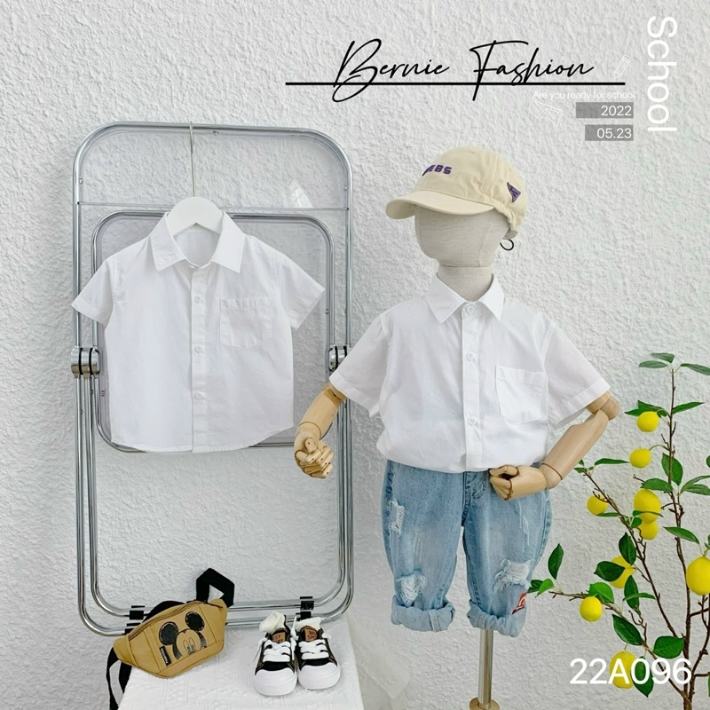 ÁO SƠ MI TRẮNG CỘC TAY UNISEX CHO BÉ