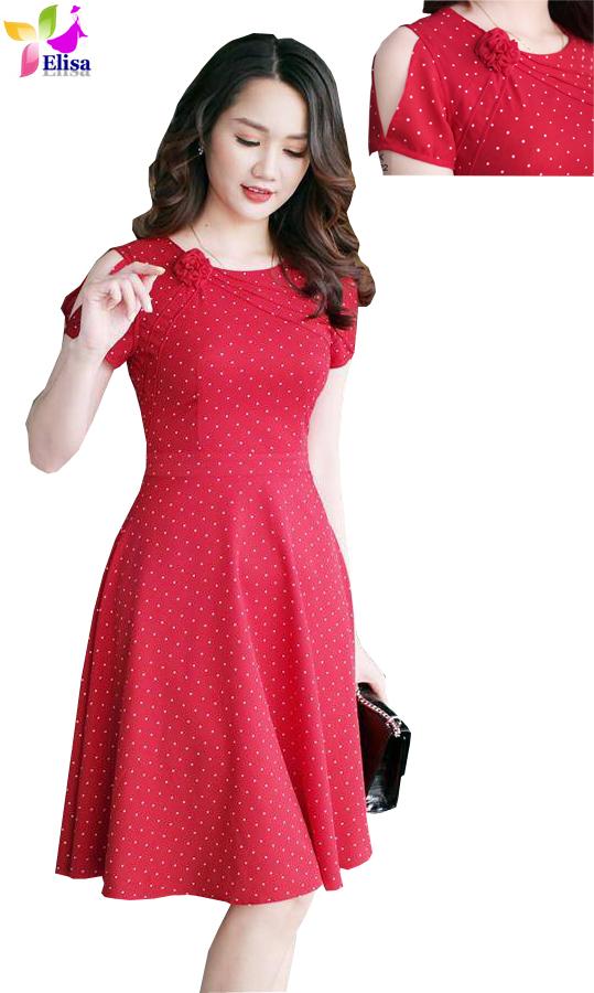 Đầm váy  –  Đầm xoè chấm bi hoa mí cổ DVCC86 cao cấp
