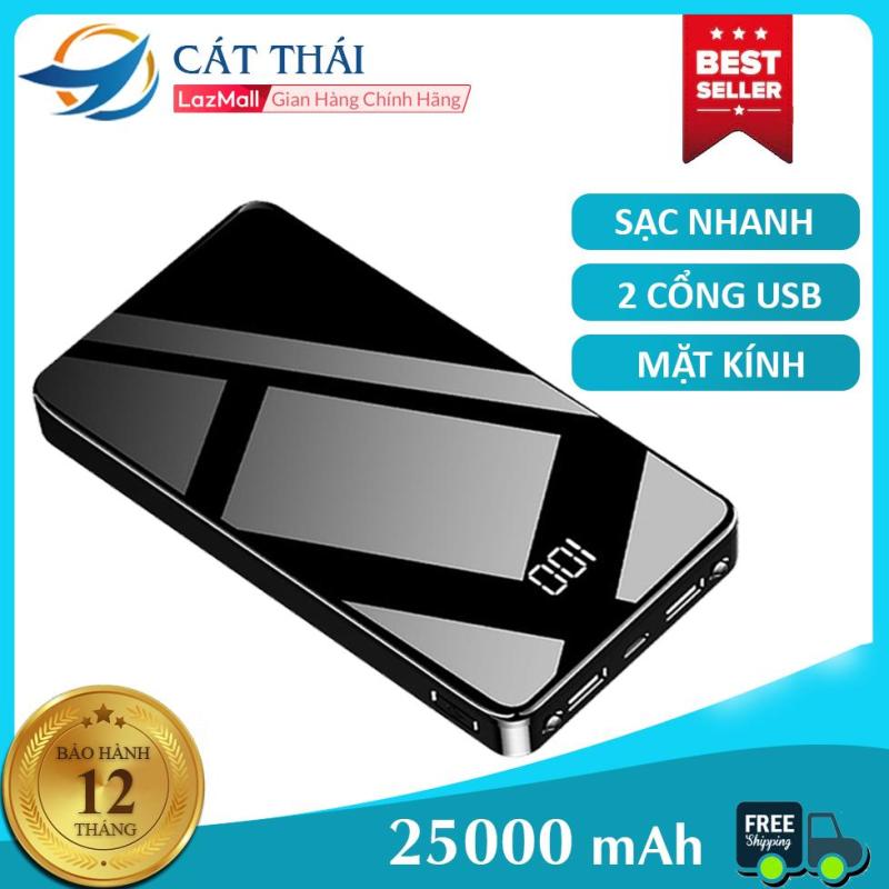 Giá Pin sạc dự phòng Cát Thái T108S Dung lượng lớn 25000mAh Sạc nhanh Toàn màn hình mặt kính 2 cổng USB kèm 2 đèn pin tặng kèm dây sạc Bỏ túi dễ dàng