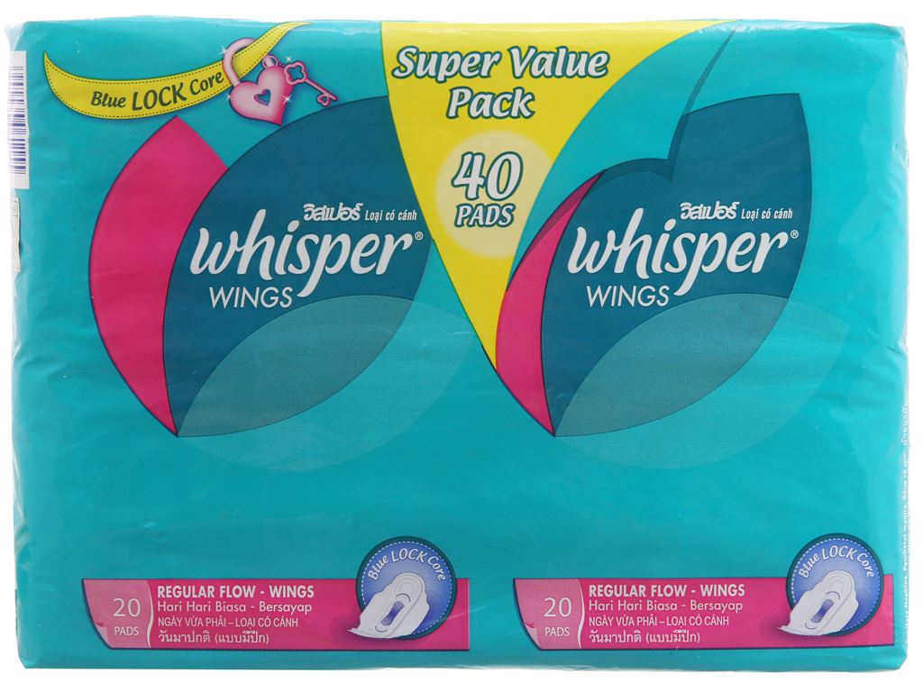 Băng vệ sinh Whisper siêu bảo vệ có cánh 40 miếng mặt bông 23cm