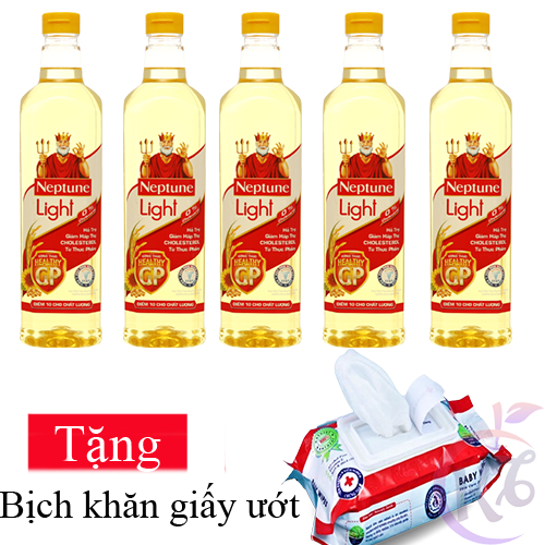 Combo 5 chai Dầu ăn Neptune Light chai 1 lít Tặng 1 bịch khăn giấy ướt 80 tờ - dầu thượng hạng an toàn cho sức khỏe