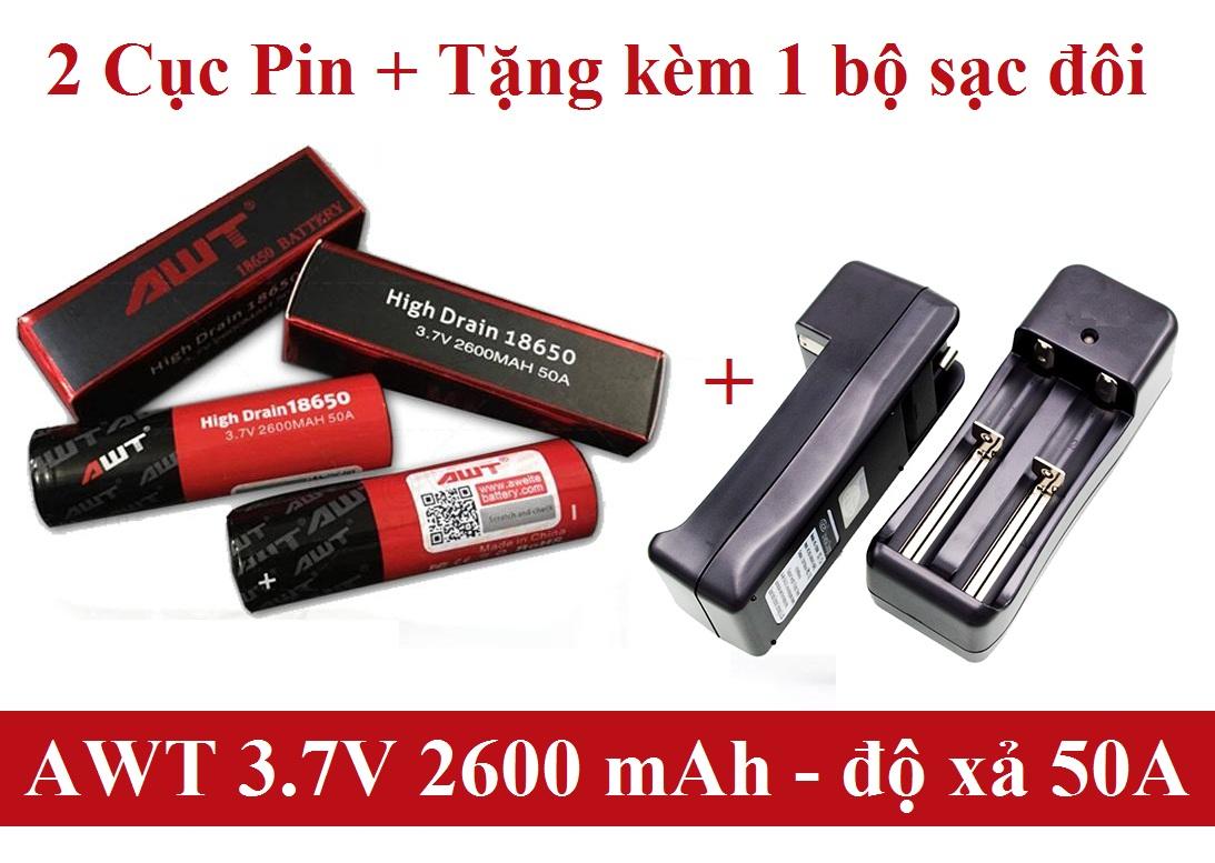 Combo 2 Viên Pin AWT 50A 2600mah 18650 - Sản Phẩm Chất Lượng Dành Cho Vapez + Tặng kèm 1 bộ sạc đôi
