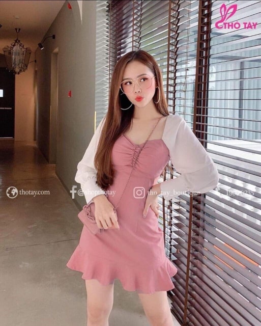 Đầm Nữ (dam nu) Tay Dài Phối Voan Thời Trang Bambo