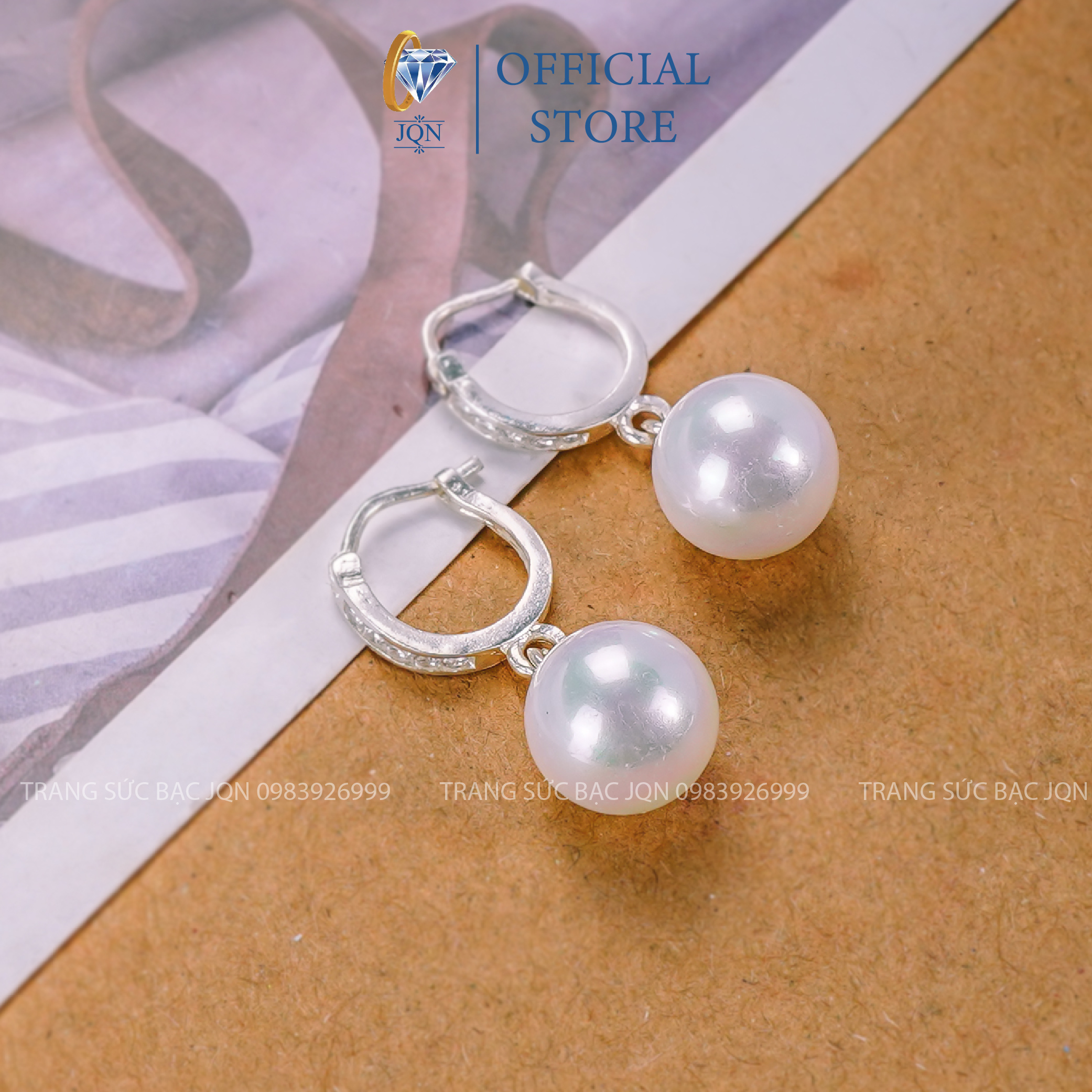 Bông Tai Nữ Bạc Thật JQN Khuyên Tròn Gắn Ngọc Trai Trẻ Trung Thời Trang