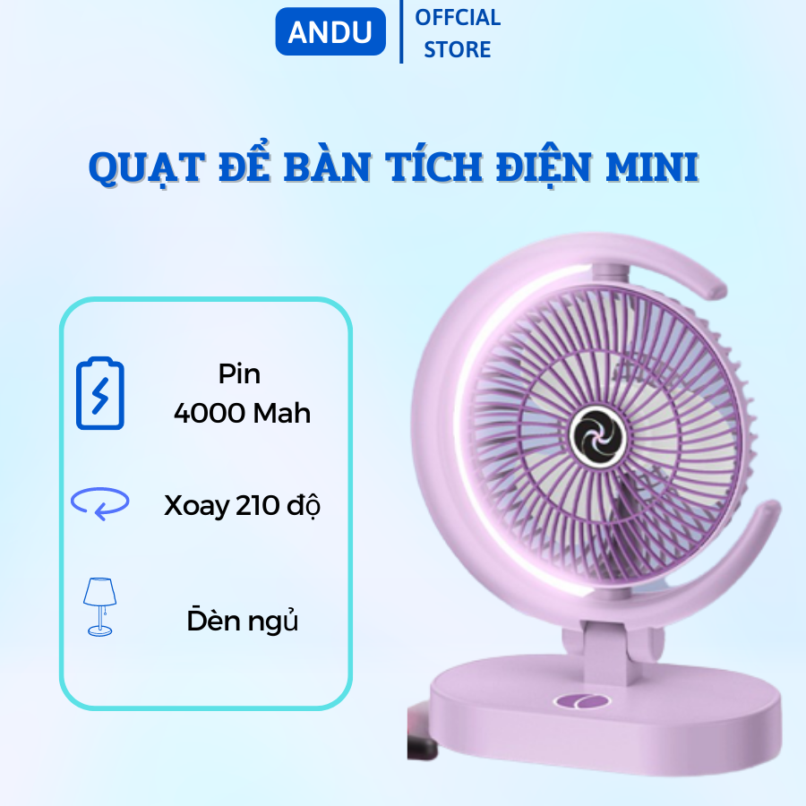 Quạt Để Bàn Tích Điện Mini 4 Cấp Độ Gió, Kèm đèn