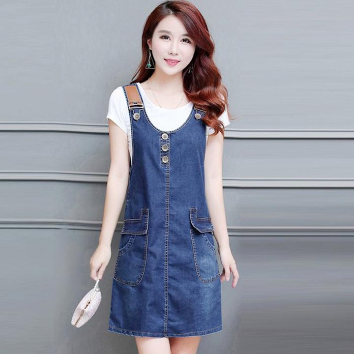 [HCM]Đầm Yếm Jean Nữ Phối Da Nút Ngực Duyên Dáng