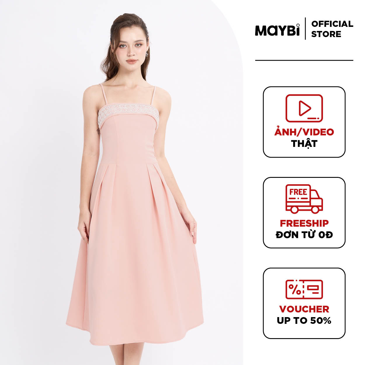 [NHẬP MÃ NOVFALAZSOCIAL02 GIẢM 40K ĐƠN 199K  ] Đầm midi xòe bố len phối ren trắng Maybi