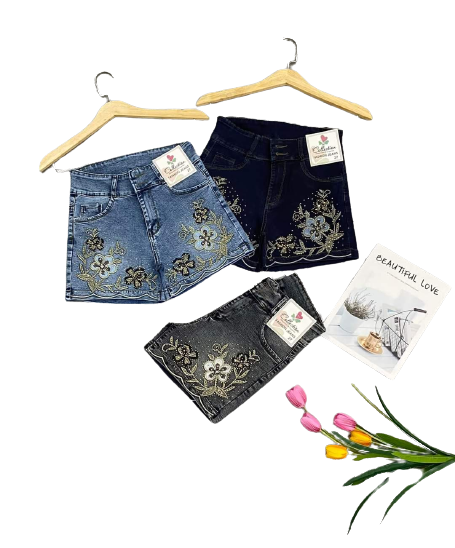 [38-85kg] Quần short jean nữ lưng cao 2 nút đính hạt hoa lá hàng co giãn