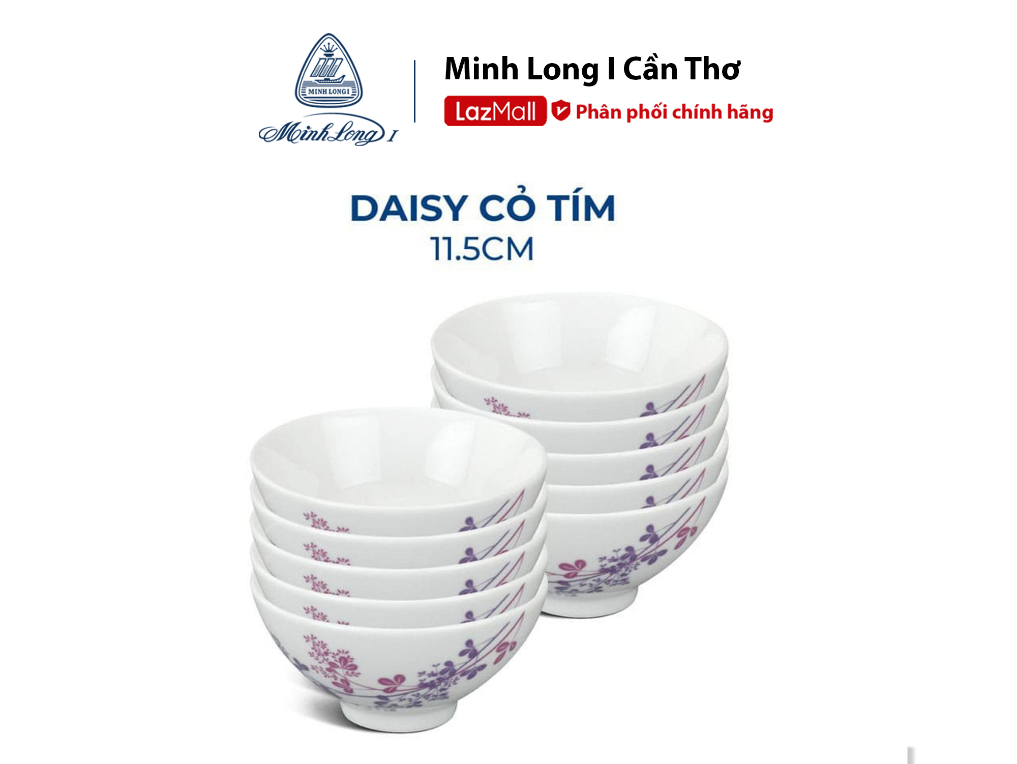 Bộ 10 Chén Cơm sứ cao cấp Minh Long 11.5cm - Daisy Cỏ Tím - hàng đẹp cao cấp dùng để ăn cơm trong gia đình, đãi khách, tặng quà tết