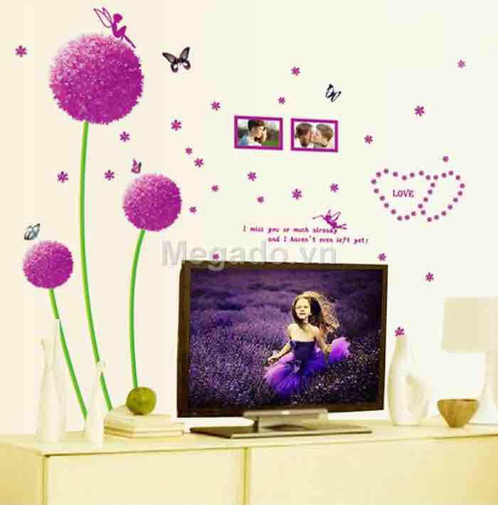 Decal tranh dán tường bồ công anh tím