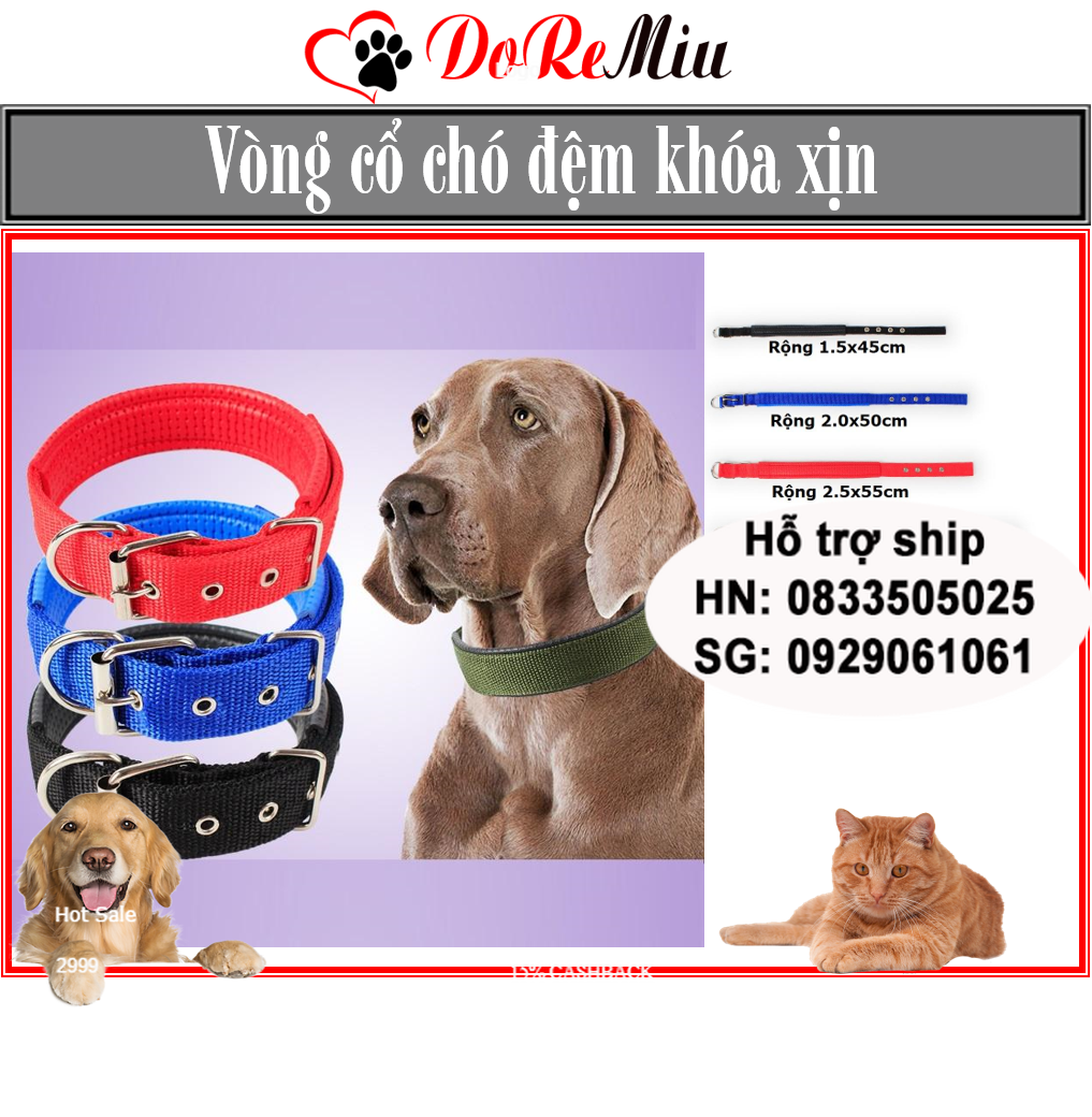Doremiu- Vòng cổ đệm cho chó (Chọn 4 màu) - Vòng cổ chó mèo 5 size thích hợp mọi loại chó