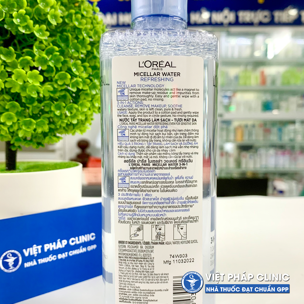 Nước tẩy trang loreal 3 in 1 L'Oreal Micellar Water 400ml