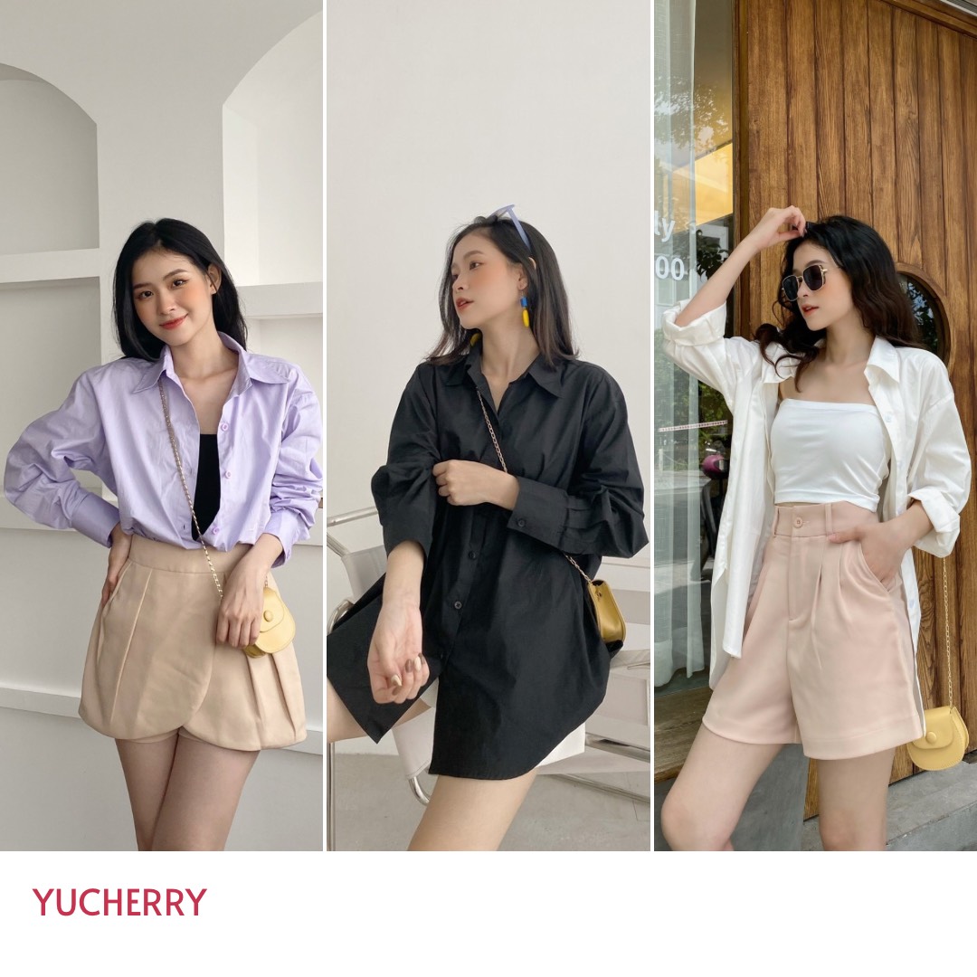YU CHERRY | Áo sơmi basic nữ form oversize có thể mặc giấu quần Basic Cotton Shirt YA381