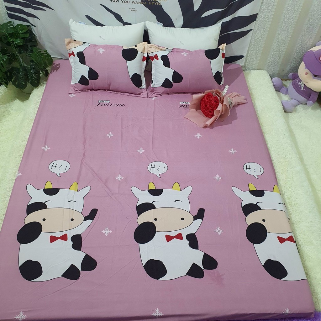 Bộ Chăn Ga Vỏ Gối 5 Món BÒ HỒNG ( 1 Drap + 2 Vỏ Gối Nằm + 1 Chăn Hè + 1 Vỏ Gối Ôm )