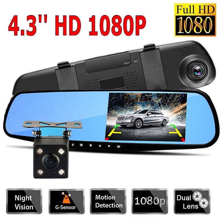 [HCM]Camera hành trình ô tô dạng gương full HD tích hợp camera lùi