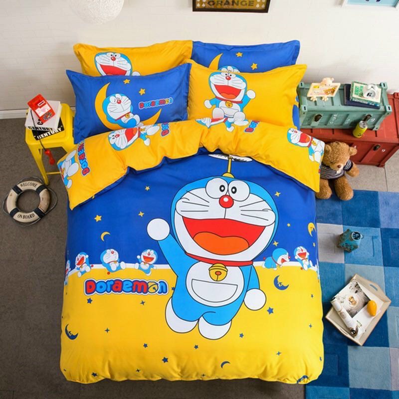 Trọn Bộ Chăn Ga Gối ( Set 4) Cotton Tina MẪU DORAEMON XANH VÀNG.Siêu Cute Dễ Thương. Evex Shop