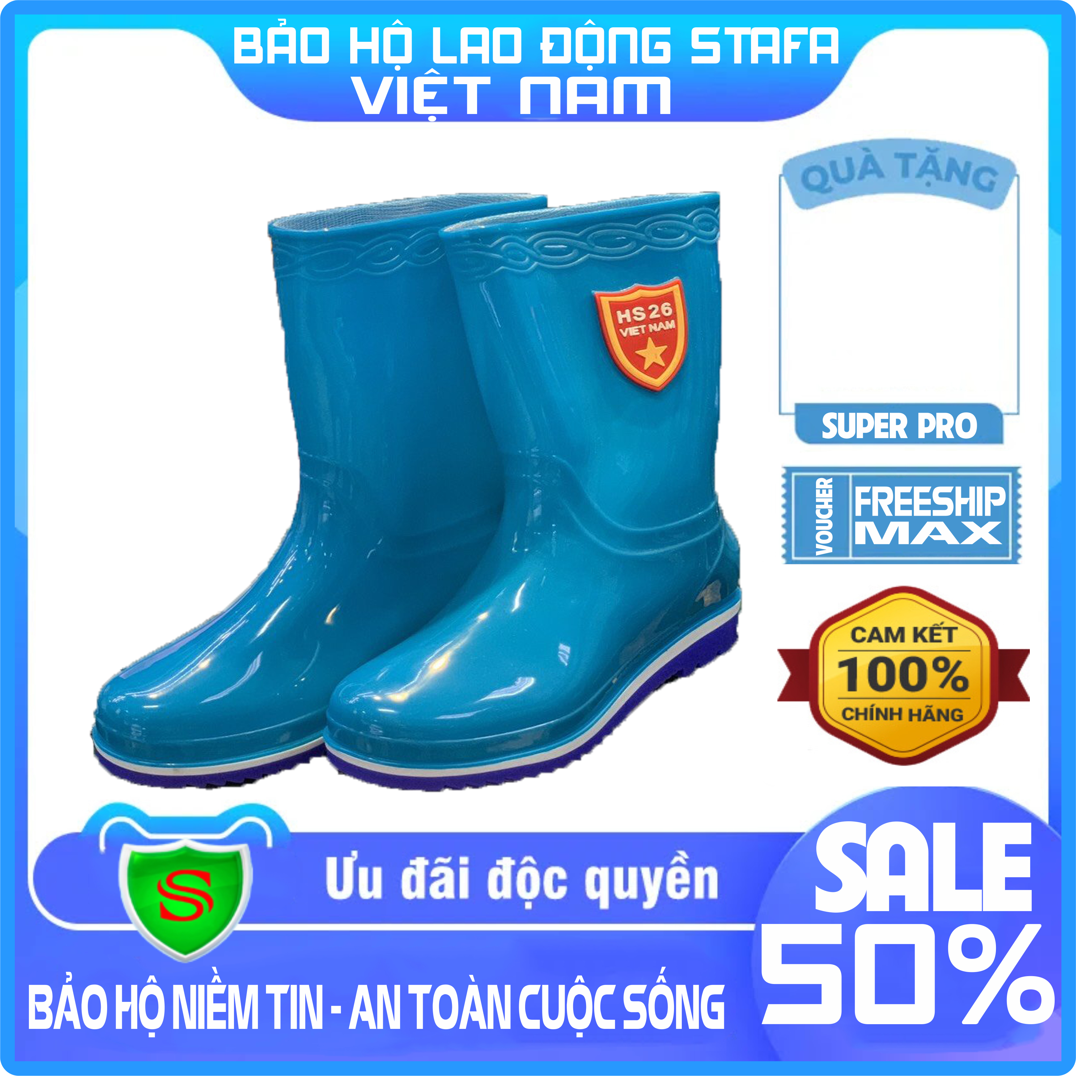 - ủng thấp cổ xanh trắng hoa san, ủng nam nữ bảo hộ lao động hoa san thấp cổ hs10-xanhtrắng