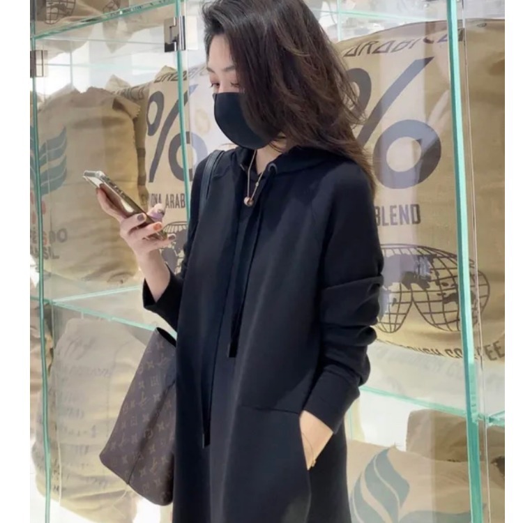 Đầm Hoodie Basic 2 Màu Dáng Dài Túi Bên Sườn