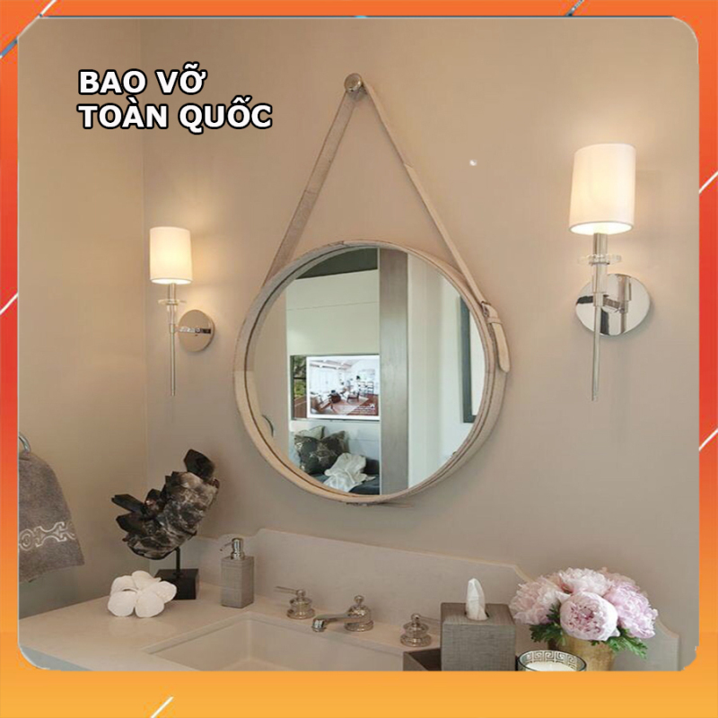 (Size 40cm) Gương Tròn Treo Tường Viền Da Simili (Màu trắng)