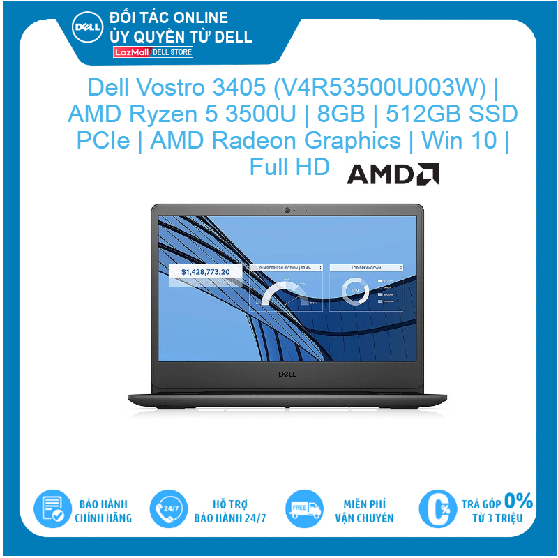 Dell Vostro 3405 (V4R53500U003W) | AMD Ryzen 5 3500U | 8GB | 512GB SSD PCIe | AMD Radeon Graphics | Win 10 | Full HD Hàng mới 100%, bảo hành chính hãng