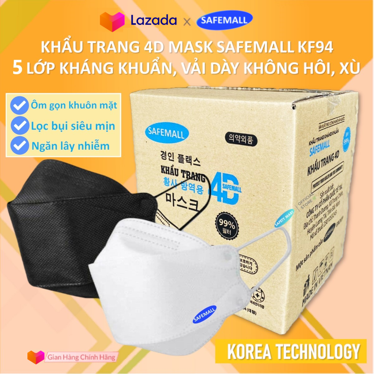 Thùng 300 Khẩu trang y tế KF94 SafeMall 5 lớp lọc Premium N99+ Korea Technology , Thùng 300 chiếc khẩu trang KF94 loại 5 lớp Kháng Khuẩn Kháng Bụi Mịn lên đến 99% - Hàng Chính Hãng Safety Mart Official