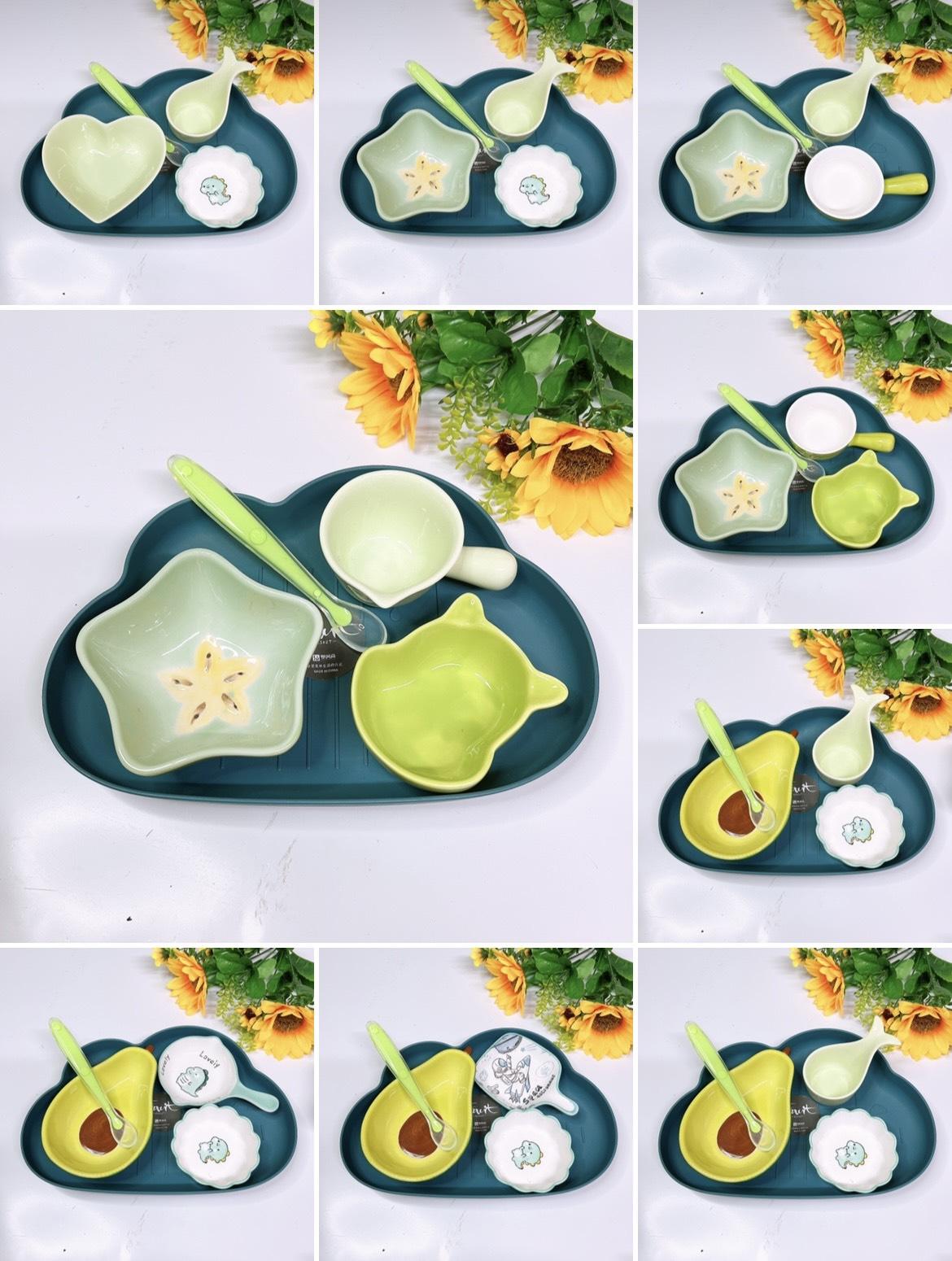[Hoàn tiền 6%] Combo Sứ Hồng, Cam, Vàng (Gồm khay mây, thìa, bát sứ) S62