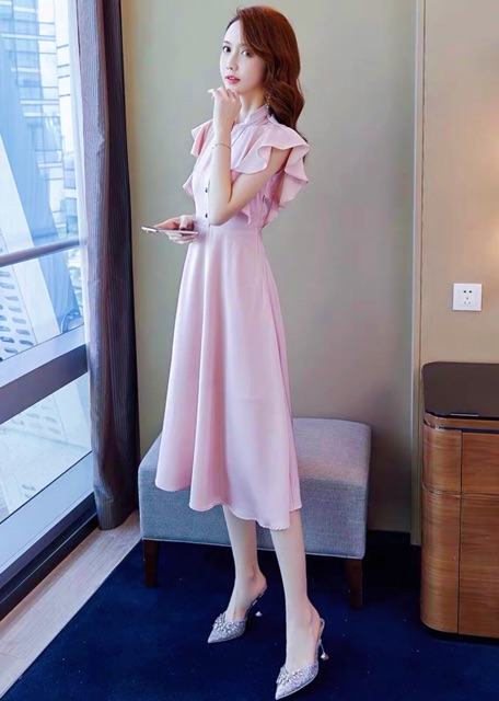 ĐẦM HỒNG CÁNH TIÊN NÚT ĐEN (có ảnh thật) MS136