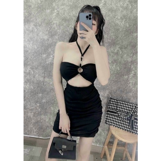 Đầm body 3 khoen gân len from ngắn
