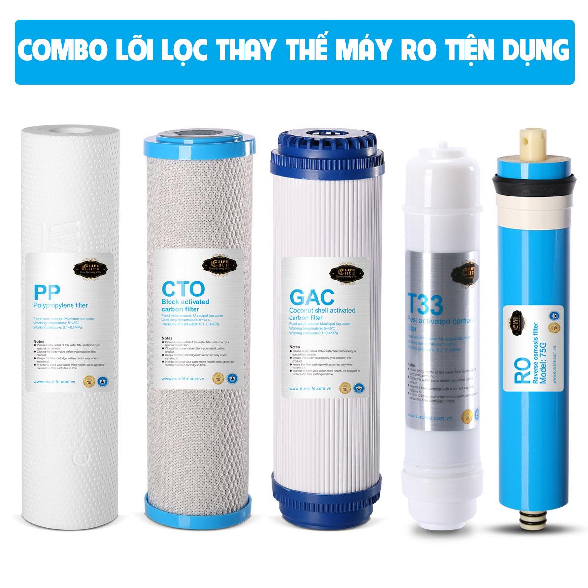 Combo 5 lõi lọc thay thế cho máy lọc nước tinh khiết RO. Lõi lọc có thể thay thế cho hầu hết máy lọc RO có trên thị trường. Hàng chính hãng do Eurolife phân phối, chất lượng cao