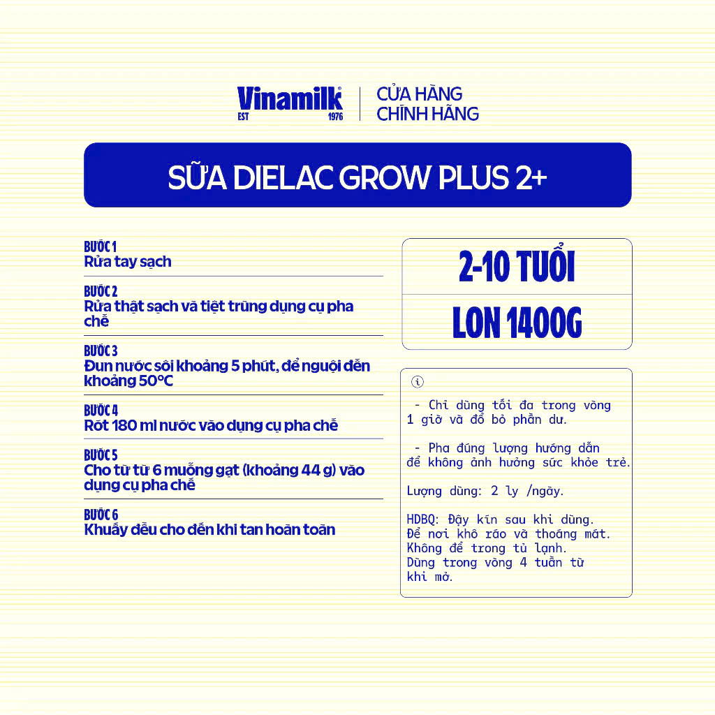 (Mẫu Mới) Sữa Bột Vinamilk Dielac Grow Plus 2+ Hộp 1400g.
