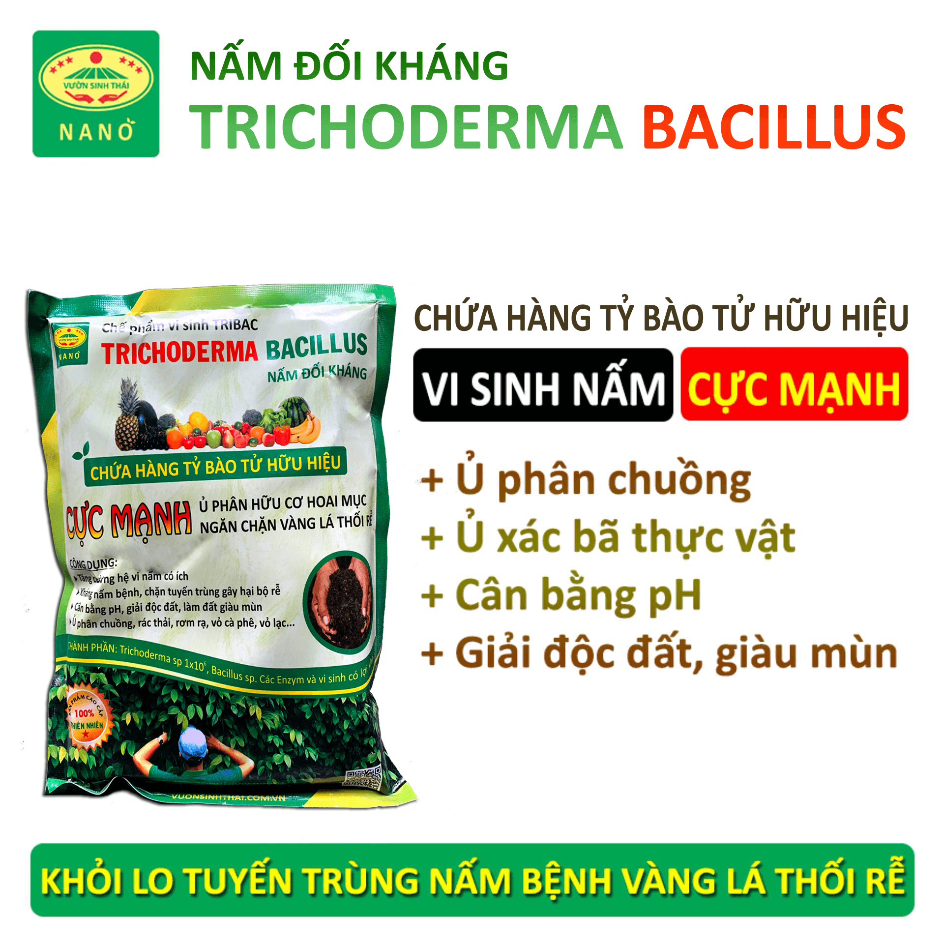 >> BÁO GIÁ CHẾ PHẨM SINH HỌC HỮU CƠ VI SINH TRICHODERMA 1000G (CHỨA NẤM ĐỐI KHÁNG TRICHODERMA,BACILLUS SUBTILIS,STREPTOMYCES SPP) - TRICHODERMA FUNGI 1000G | Shopee Lazada Sendo Tiki mới nhất 234 1kg Nấm đối kháng Trichoderma. Chế phẩm vi sinh TRIBAC. Ủ phân chuồng rác bã hữu cơ hoai mục không mùi hôi, làm phân bón. Ngăn chặn nấm bệnh gây thối rễ vàng lá. Hàng chính hãng. Mới nhất. HSD: 2 năm
