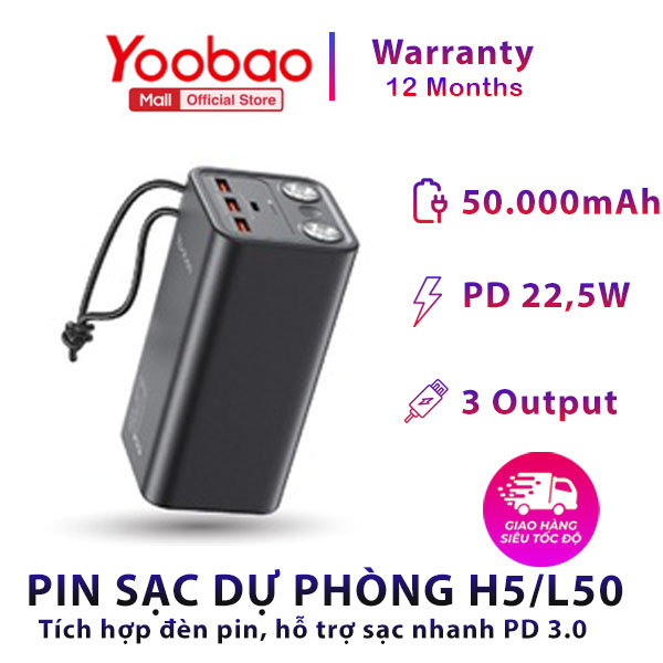 BÁO GIÁ PIN LAPTOP SẠC BAO LÂU THÌ ĐẦY | Shopee Lazada Sendo Tiki mới nhất 56 Pin sạc dự phòng Yoobao H5 50000mAh - Tích hợp đèn pin siêu sáng - Sạc nhanh cho điện thoại, macbook, laptop,... Thích hợp cho chuyến du lịch xa, công tác,... - Hàng phân phối chính hãng - Bảo hành 12 tháng 1 đổi 1