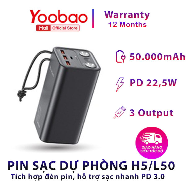 [VOUCHER 50K CHO ĐƠN 500K] Pin sạc dự phòng Yoobao H5 50000mAh - Tích hợp đèn pin siêu sáng - Sạc nhanh cho điện thoại, macbook, laptop. Thích hợp cho chuyến du lịch xa, công tác - Hàng phân phối chính hãng - Bảo hành 12 tháng 1 đổi